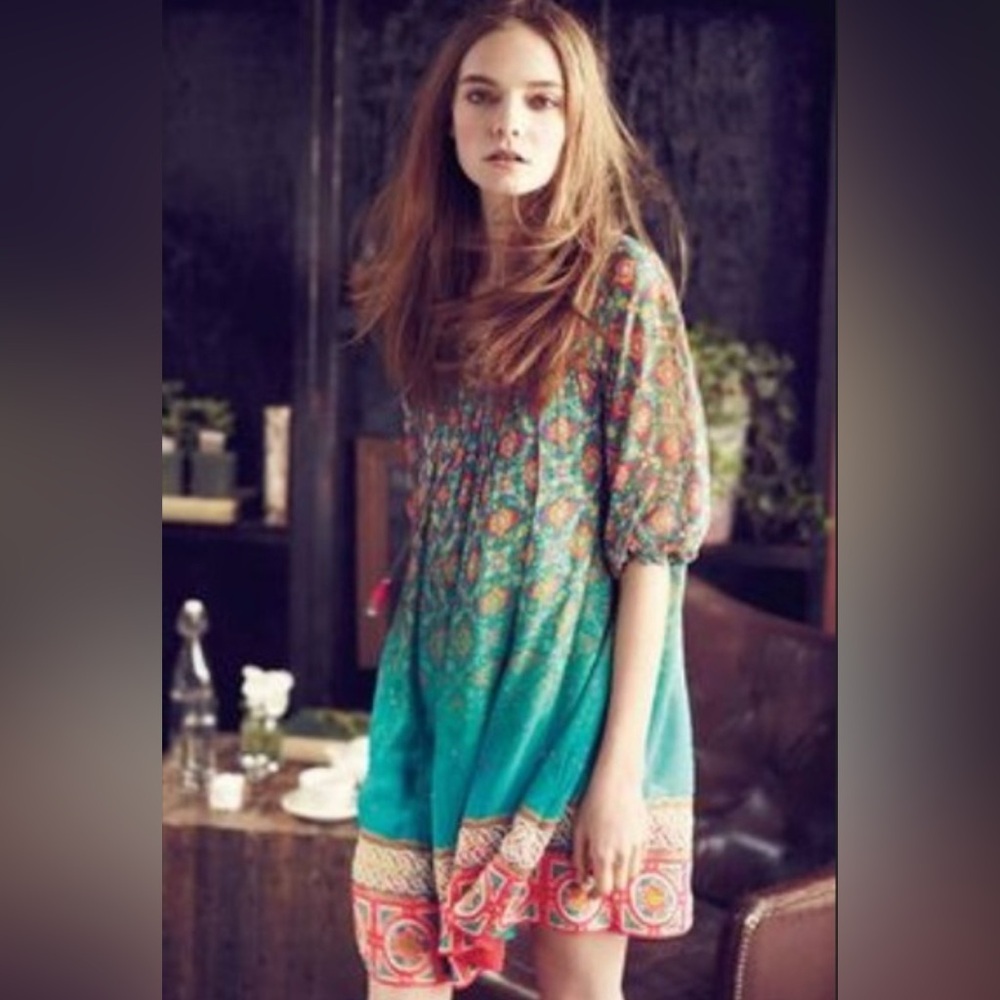 Women’s Tanvi Kedia Anthropologie Blue Pink Geometric 3/4 Sleeve Midi Dress XS